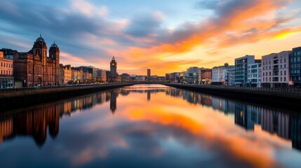 Fototapeta premium Dreamy Long Exposure of Glasgow's Skyline at Dusk with Reflections in the Calm River