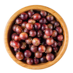 Gooseberry berries in wooden bowl isolated on white. Top view.