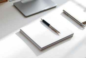 pen is sitting on a notepad next to a laptop