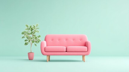 Fototapeta premium Pink sofa with potted plant on blue background featuring vibrant home decor elements