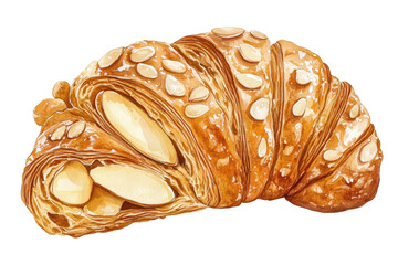 Delicious almond croissant illustration showcasing flaky pastry with rich filling against a white background