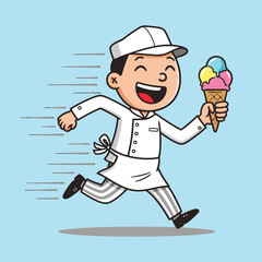 A cartoon ice cream vendor running with a cone of ice cream against a light blue background design