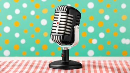 Retro style microphone on a table with green background and stage with comic backdrop