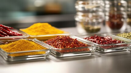 Laboratory glass trays with dried chilies, ground peppers, and spices for testing