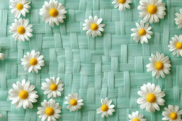 Fototapeta premium Delicate white daisies arranged on a teal woven surface.