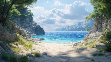 Fototapeta premium Secluded Cove: Turquoise Water, Sandy Beach, and Lush Green Cliffs