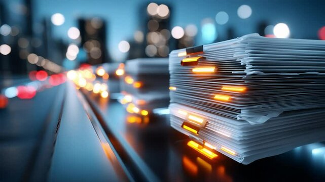 Digital Documentation: A close-up shot captures illuminated file stacks in the heart of a technological city, symbolizing modern data organization, communication.