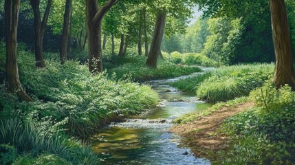 Obraz premium Serene Stream Flowing Through Lush Green Forest
