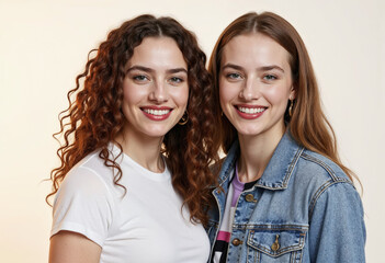 Portrait of two young female student friends on white background