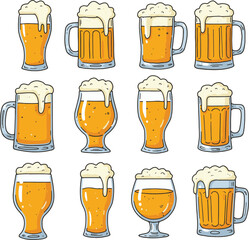 A collection of twelve cartoon beer glasses filled with beer and topped with white foamy head