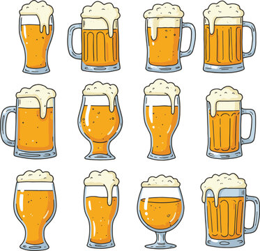 A collection of twelve cartoon beer glasses filled with beer and topped with white foamy head