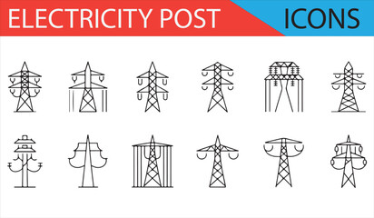 Electricity Tower Icons Set for Power Grid and Electrical Infrastructure