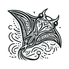 Manta Ray Illustration with Ornate Line Details in Black and White