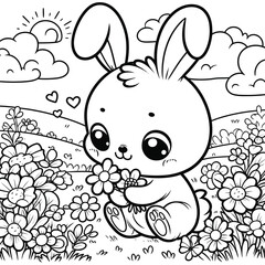 Cute Bunny Holding Flower in Meadow Coloring Page Illustration