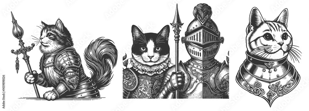 Poster medieval knight cats set collection bundle sketch engraving generative ai raster illustration. scrat