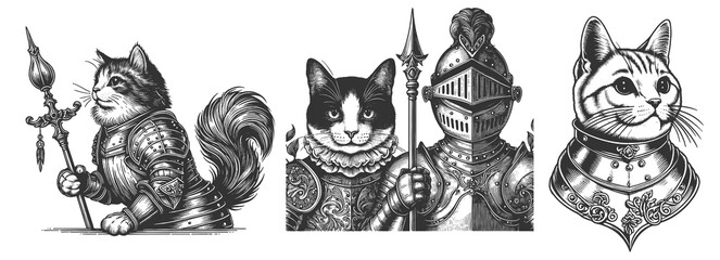 Medieval Knight Cats Set collection bundle sketch engraving generative ai raster illustration. Scratch board imitation. Black and white image.