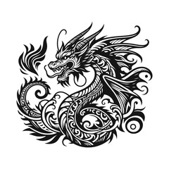 Stylized Dragon Illustration Black and White Tattoo Design