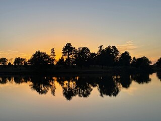 Naklejka premium Sunset reflection of trees in lake at golf course