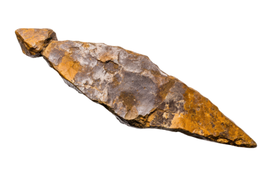 Primitive stone arrowhead with detailed features representing ancient tools isolated on a white background