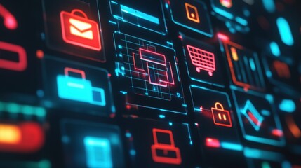 Digital Interface  Neon Icons  E commerce  Online Shopping  Technology Background