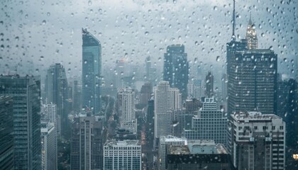 Urban Cityscape with Rain Droplets on Glass Capturing Rooftops and Skyscrapers 1