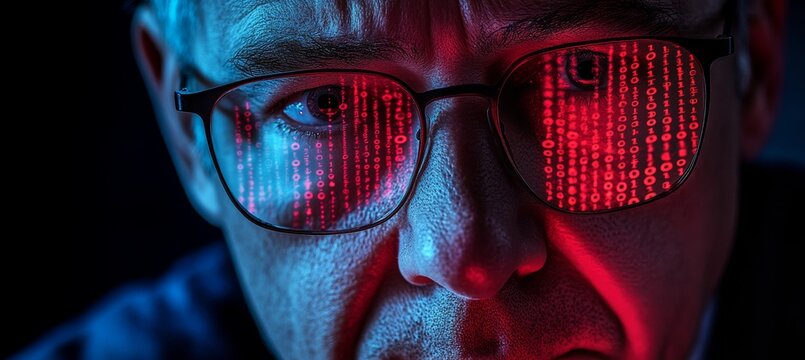 Serious Man with Binary Code Reflection in Glasses Representing Cybersecurity and the Digital World