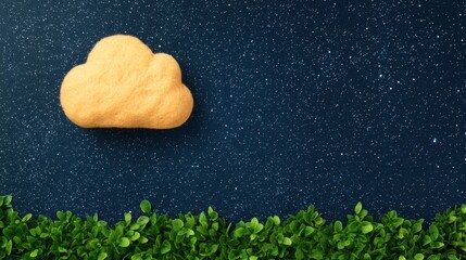 Yellow cloud floating above green bush in clear sky representing abstract concepts of cloud computing and nature