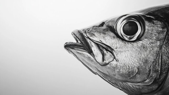 Close-up of a fish head, monochrome, detailed