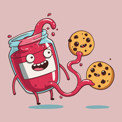 Cartoon jam jar character with arms and legs holding two cute chocolate chip cookies with smiles