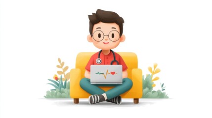 Man sitting on a couch using a laptop to develop an ai program for assisting healthcare professionals
