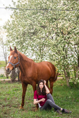 Obraz premium A female horse owner and a thoroughbred mare on the background of a blooming apple tree