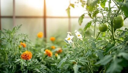 Close-up of flowering basil and marigold interplanted among tomato vines inside a greenhouse, showcasing strategic companion planting to naturally boost pollination