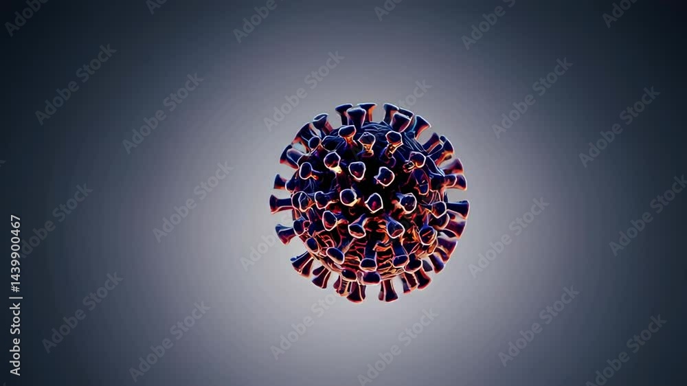 Poster Microscopic view of a coronavirus particle slowly rotating, isolated on a gradient background, potentially suitable for medical or scientific visualizations