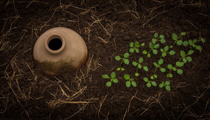 Overhead shot of a sunken clay amphora providing slow irrigation among heirloom bean rows. Used to illustrate sustainable watering techniques in regenerative gardening