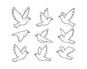 Set of Hand-Drawn Outline black icons Dove Line Art Illustrations Sunday Pentecost Holy Spirit