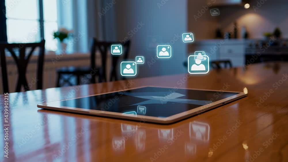 Poster Digital notification icons multiplying across tablet screen, representing communication surge and information density within sleek, minimalist dining space, highlighting technological connectivity