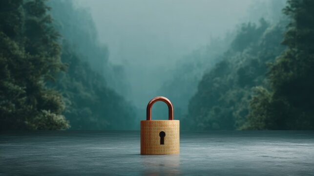 Padlock on concrete surface with illustration of binary code lock in background