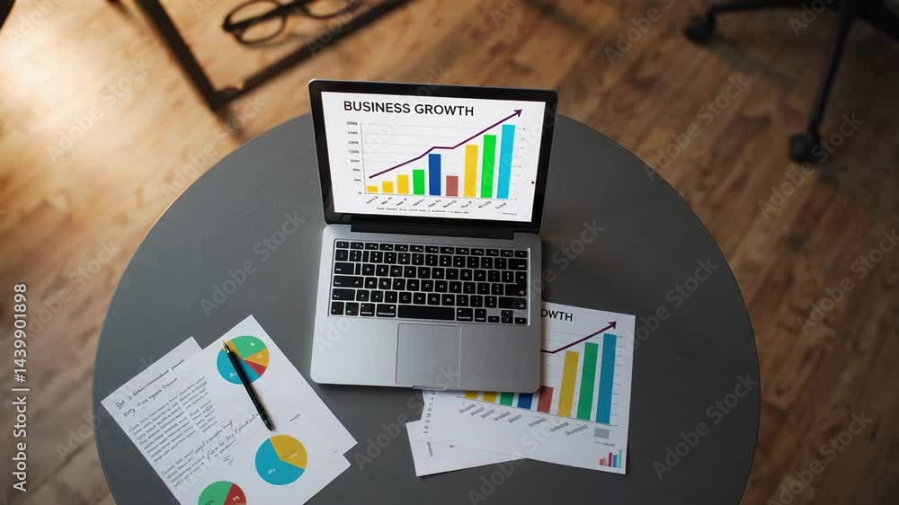 Poster Laptop displaying business growth chart placed on a round table with various documents and a pen, suggesting a workspace focused on financial analysis and strategic planning