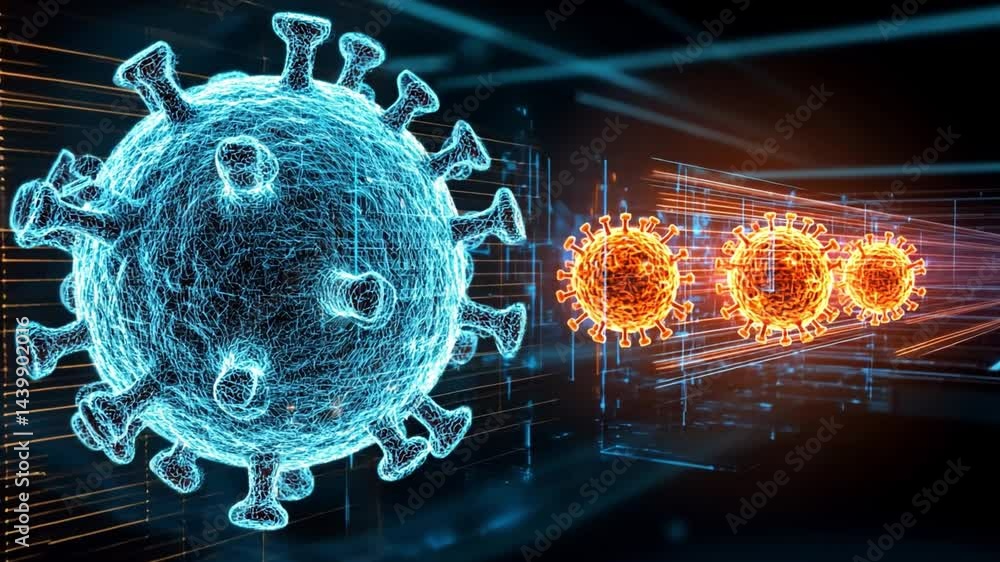 Poster exploring virus structures with holographic tech in a modern lab setting