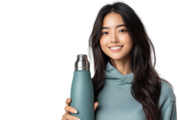Asian American sportswoman with water bottle ready to refresh after workout isolated on white background