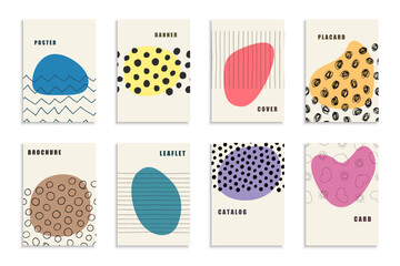 Collection of artwork drawing covers, templates, backgrounds, placards, brochures, banners, flyers. Creative hand drawn posters with color shapes and sketch print. Contemporary fun design