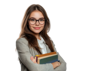 Attractive school teacher with a positive attitude creating an engaging classroom atmosphere isolated on white background