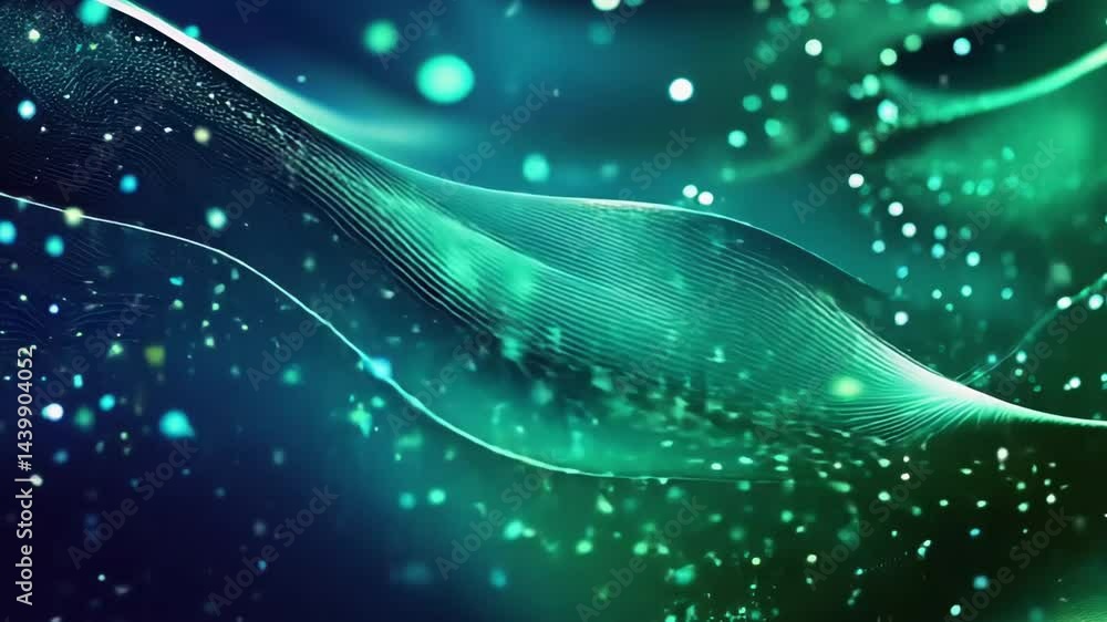 Poster abstract futuristic wave patterns and glowing particles in motion.