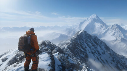 Majestic Winter Mountain Landscape: Climber on Snowy Peak