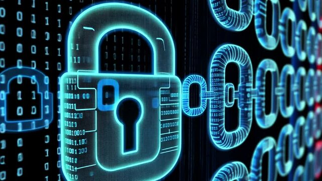 Futuristic digital security locks against a backdrop of binary code and data streams