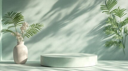 Obraz premium Light and airy, minimalist display podium with greenery and flowers