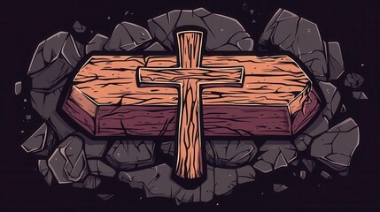 Rustic coffin with scratchboard cross, black background, flat design illustration