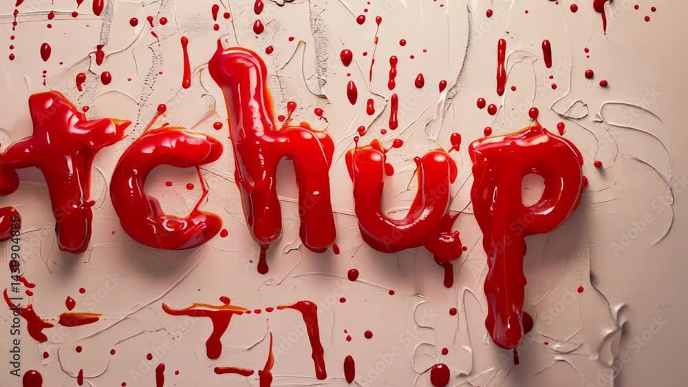 Poster red paint dripping creating gooey textured 3d alphabet against light background.