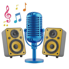 a vintage-style blue microphone stands centered between two yellow and black bookshelf speakers, accompanied by floating musical notes.