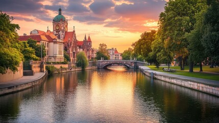 Fototapeta premium A scenic, historic river winding through a culturally rich European city